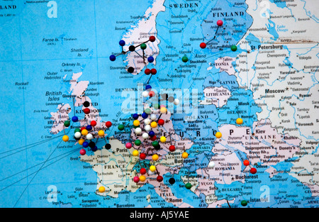 Map of Europe and Russia with colored pins marking locations, USA. Stock Photo