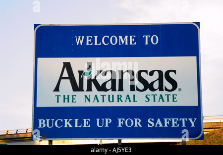 Welcome to Arkansas sign along a highway in the USA, marking the state's border for travelers. Stock Photo