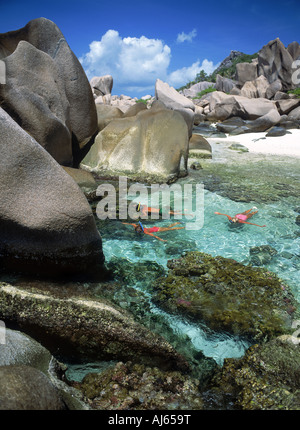 Tourists snorkeling in tide pools on La Digue Island in Seychelles ...