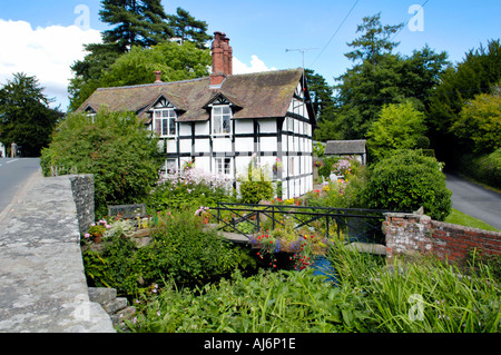 Picturesque black and white timber framed cottage on River Arrow at Eardisland Herefordshire England UK Stock Photo