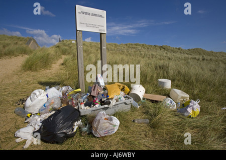 Rubbish thrown from passing ships washed up on Winterton Beach Norfolk ready for collection Stock Photo