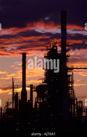 Petrochemical plant processing towers silhouetted at sunset Stock Photo ...