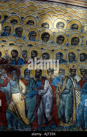 Frescoes on exterior walls of Voronet Monastery, Southern Bucovina, Romania Stock Photo