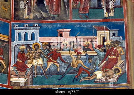 Frescoes on exterior walls of Voronet Monastery, Southern Bucovina, Romania Stock Photo