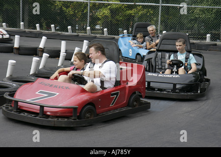 Pocono Poconos Mountains Pennsylvania,Hawley,Woodloch Resort,go kart ride,amusement,fun,family families parent parents child children,racing,PA0709220 Stock Photo