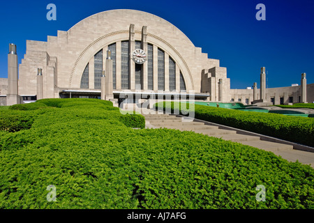 Shrubs sit in the foreground of historic Union Terminal now known as the Cincinnati Museum Center, Ohio Stock Photo