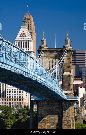 The John A Roebling Suspension Bridge was completed in 1866 connecting Covington Kentucky to Cincinnati Ohio Stock Photo