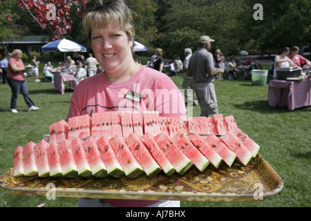 Pocono Poconos Mountains Pennsylvania,Hawley,Woodloch Resort,picnic,food server,watermelon,PA070922082 Stock Photo