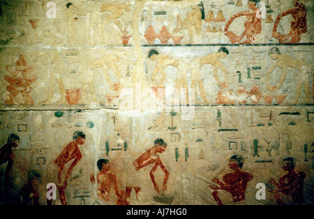 Working life in Ancient Egypt, wall painting from an artisan's tomb at Saqqara. Artist: Unknown Stock Photo