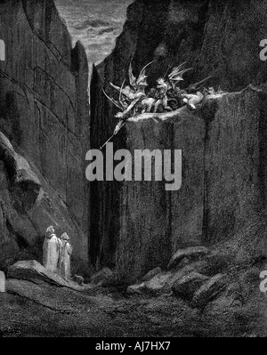 Dante protected by Virgil from harm by demons, 1863. Artist: Gustave Doré Stock Photo