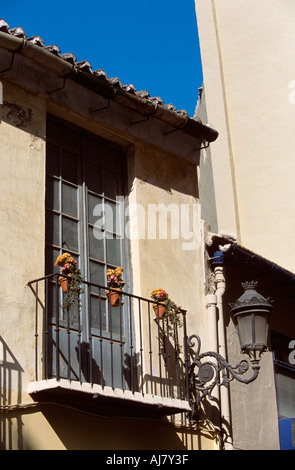 Flowers on a balcony in the old streets of Malaga, Andalucia, Spain Stock Photo