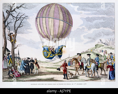 First manned flight in a hydrogen balloon, France, 1 December 1783 (1887). Artist: Anon Stock Photo