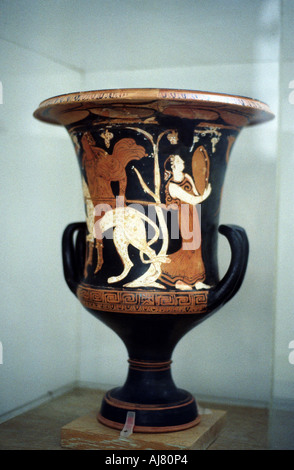 Ancient Greek vase with red figure decoration, including a female dancer, 5th century BC. Artist: Unknown Stock Photo