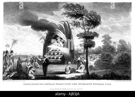 Widow of a Brahmin committing suttee on her husband's funeral pyre, India, 1815. Artist: Unknown Stock Photo