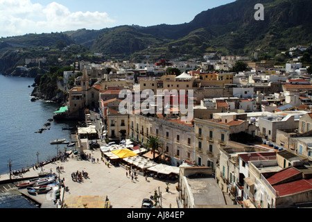 Aerial view of the Harbour of Marina Corta at Lipari in the Aeolian Islands Sicily Italy Stock Photo