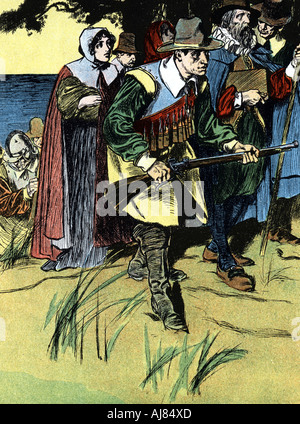 The Pilgrim fathers after arriving in America, 1620 (c1900). Artist: Unknown Stock Photo