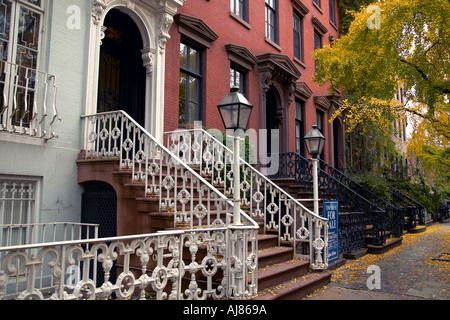 Brownstone residence buildings on Leroy Street New York NY Stock Photo