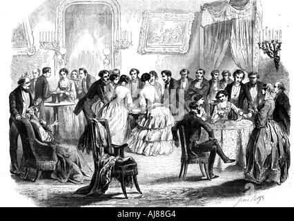 Spiritualist meeting in a Paris drawing room, 1853. Artist: Unknown Stock Photo