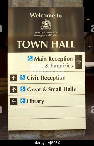Sign showing Town Hall and associated council facilities, Kensigton, London, UK. Stock Photo