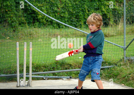 young boy playing cricket, hitting a cricket ball Stock Photo