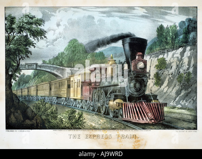 'The Express Train', USA, 1870. Artist: Currier and Ives Stock Photo