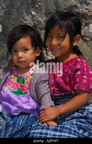 Indigenous girls in traditional Mayan dress, Panajachel, Lago Atitlan, Guatemala, Central America Stock Photo