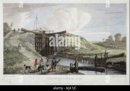 Dudgrove double lock above Lechlade, Thames and Severn Canal, 1814. Artist: William Bernard Cooke Stock Photo