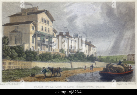 Horse hauling a barge on the Regent's Canal at Park Village East, London, 1829. Artist: W Radcliff Stock Photo