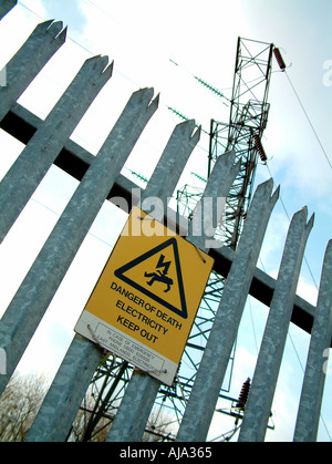 Danger High Voltage Sign on palisade fence with electricity pylon in background