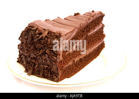 Slice of rich chocolate cake on a white plate Stock Photo
