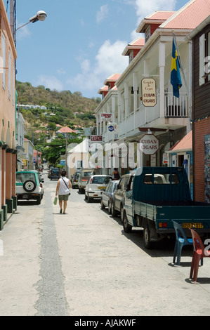 Gustavia, St Barths-- April 25, 2018. A pretty cobblestone street winds its  way through a shopping district in Gustavia, St. Barths. Editorial Use Onl  Stock Photo - Alamy