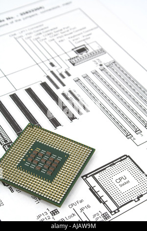 motherboard instruction manual with diagram and cpu close-up Stock Photo
