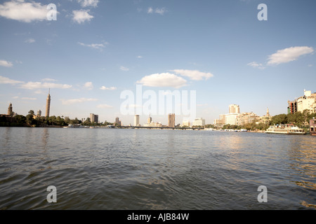 Panorama view north along River Nile towards 6 October Bridge Cairo Egypt Africa Stock Photo
