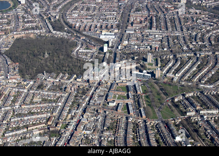 Aerial view north of Abney park Cemetery and suburban housing Stoke Newington London N16 England UK High level oblique Stock Photo