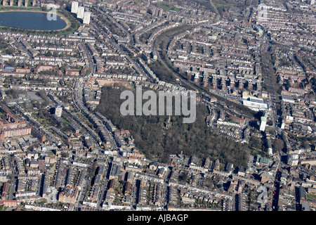 Aerial view north west of Abney Park Cemetery and suburban housing Stoke Newington London N16 England UK High level oblique Stock Photo