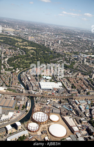 Aerial view east of Victoria Park Hertford Union Canal Tower Hamlets London E2 E3 E9 England UK High level oblique Stock Photo