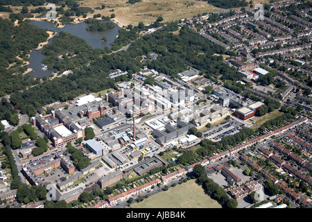 Aerial view north east of Whipps Cross Hospital Hollow Pond Boating Lake Snaresbrook London E11 England UK High level oblique Stock Photo