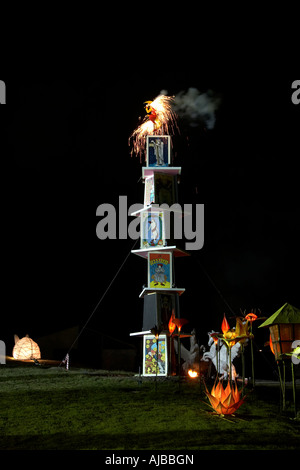 Tower or house of cards catching alight at Fire Event performance at Woodford Folk Festival Queensland Australia Stock Photo