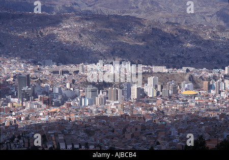 La Paz Centre of the city viewed from ring road to the altiplano At 3500m La Paz is the commercial and political hub of Bolivia Stock Photo
