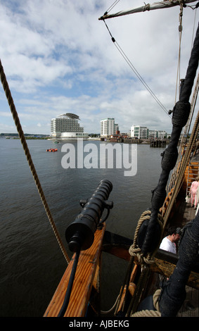 St David s Hotel and Spa viewed from the foredeck of the Matthew Tall ship visiting Cardiff Bay Stock Photo