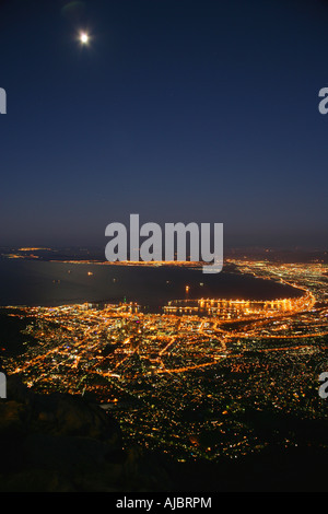 Aerial view of the night cityscape of Cape Town, South Africa. Wide ...