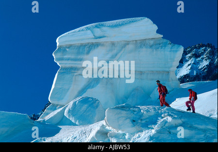 rope team of two mountaineers, glacier travel on glacier Argentine, France, Savoie, Chamonix Stock Photo
