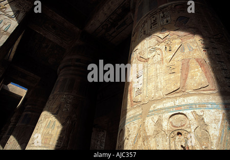 Thebes The site of Medinet Habu Egypt Columns and reliefs in the second courtyard Stock Photo