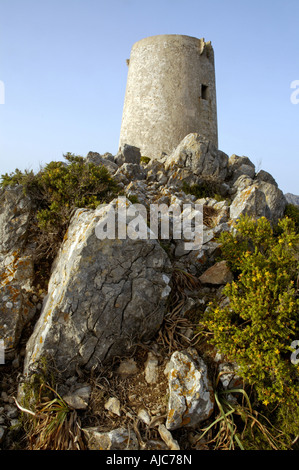 watchtower Atalaya d Albercruix at Cap Formentor, Spain, Majorca, Mirador del la nao Stock Photo