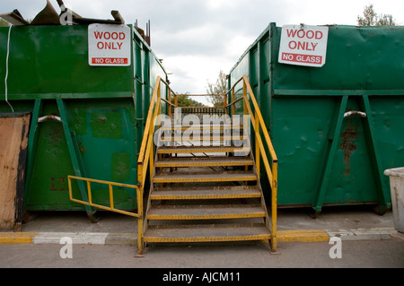 Skips for recycling wood at the Civic Amenity Site Skelmersdale Lancashire UK Stock Photo