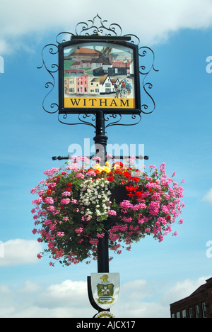 Roman Road town of Witham & sign with colourful ivy geraniums flowering in sunny summer hanging basket flower display Newland Street Essex England UK Stock Photo