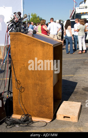 Podium with microphones at a press conference for Idaho Senator Larry Craig in Boise Idaho Stock Photo
