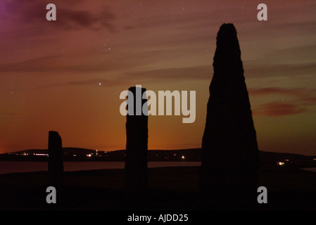 dh Aurora Borealis RING OF BRODGAR ORKNEY Northern Lights neolithic standing stone circle night scotland Stock Photo