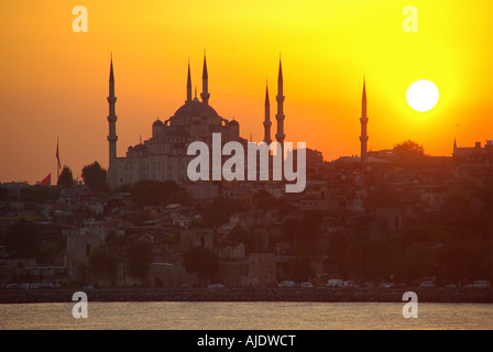 Full sun & sunset over the Sultan Ahmet Mosque or Blue Mosque with six ...
