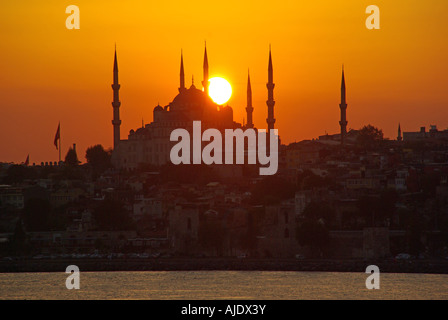 Full sun & sunset over the Sultan Ahmet Mosque or Blue Mosque with six ...